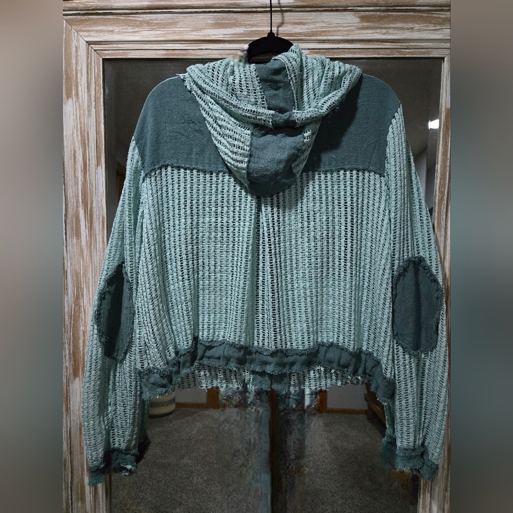 POL "Billings" Teal Crochet See Through Button Down Hoodie - Picture 3 of 4